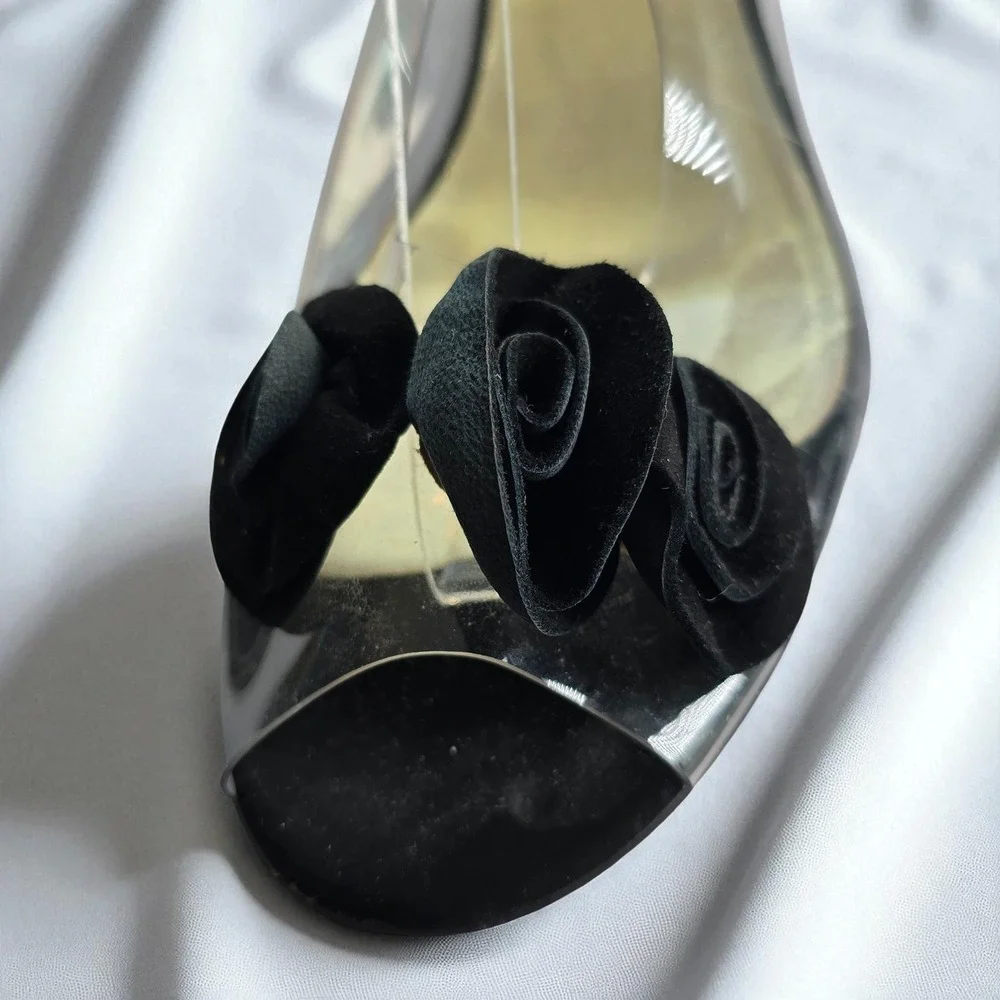Azuree Pour Heyraud Clear Vinyl Wedge Sandals‎ with Black Rose Applique Woman 8